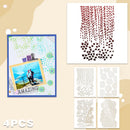 Four-piece scrapbook paper set featuring various abstract patterns including red dripping dots, green geometric lines, and gold/brown floral and circular designs, displayed alongside a sample collage on a beige background.