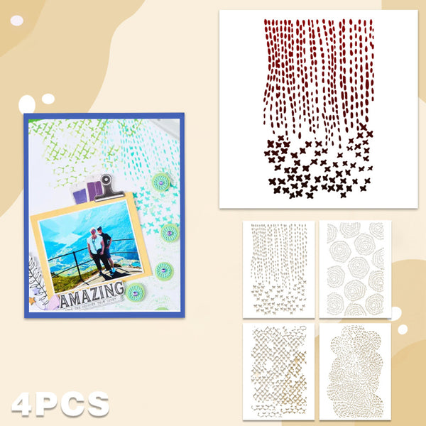 Four-piece scrapbook paper set featuring various abstract patterns including red dripping dots, green geometric lines, and gold/brown floral and circular designs, displayed alongside a sample collage on a beige background.