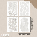 Four rectangular stencil sheets with different abstract dotted line patterns, shown on a beige background with dimension markings of 15.2cm by 20.