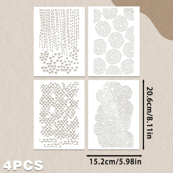 Four rectangular stencil sheets with different abstract dotted line patterns, shown on a beige background with dimension markings of 15.2cm by 20.