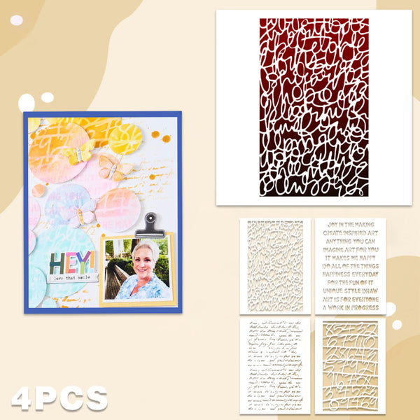 Four-piece scrapbook/cardmaking kit shown on a beige graphic background: a decorated sample card with pastel circles, a photo frame, and layered elements on the left; a red-and-white abstract pattern sheet on the upper right; and three white patterned paper sheets with text and cutout designs on the lower right. Large text at bottom left reads 4PCS.