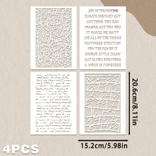 Four laser-cut decorative paper panels shown on a beige background, with printed text and cutout patterns. Black dimension arrows indicate 20 cm by 15.