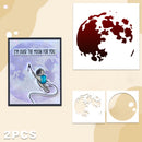A 2-piece craft stencil set featuring a moon silhouette stencil and a circular moon stencil, shown alongside a framed watercolor art print of an astronaut floating over a purple moon with the text 'I'M OVER THE MOON FOR YOU'. The background is a light beige with abstract shapes.
