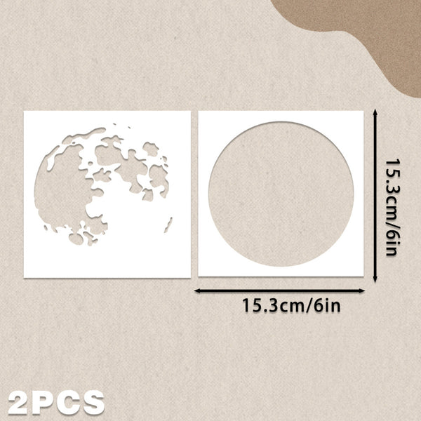 Two white stencil/cutout pieces shown on a beige textured background, with dimension arrows indicating 15.3 cm / 6 in for the round and irregular cutout shapes.