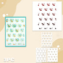 Three-piece sticker set featuring fish-themed designs: a sheet of round goldfish stickers in blue bowls, a sheet of red fish tail stickers, and two white sheets with circular and curved cutout patterns, displayed on a beige background.