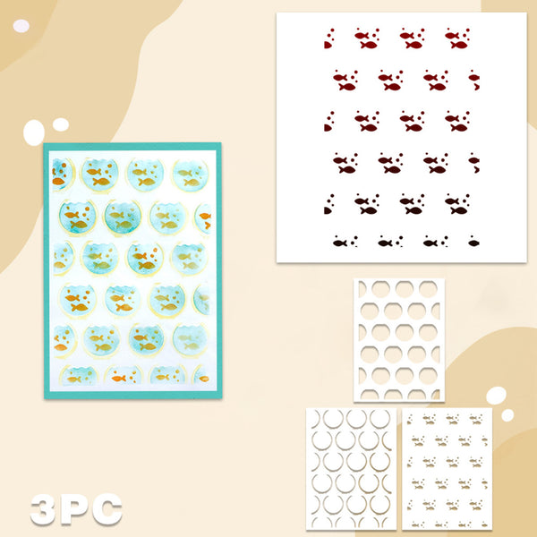 Three-piece sticker set featuring fish-themed designs: a sheet of round goldfish stickers in blue bowls, a sheet of red fish tail stickers, and two white sheets with circular and curved cutout patterns, displayed on a beige background.
