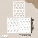 Three white stencil sheets with different circular and curved cutout patterns on a beige textured background, with dimension labels showing 15.2cm by 20.