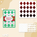 Christmas-themed card making kit components shown on a beige background, including a decorated sample card with green, red, and white argyle pattern and a 'Merry & Bright' label, plus sheets of diamond-shaped stickers and template pieces.