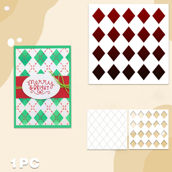 Christmas-themed card making kit components shown on a beige background, including a decorated sample card with green, red, and white argyle pattern and a 'Merry & Bright' label, plus sheets of diamond-shaped stickers and template pieces.