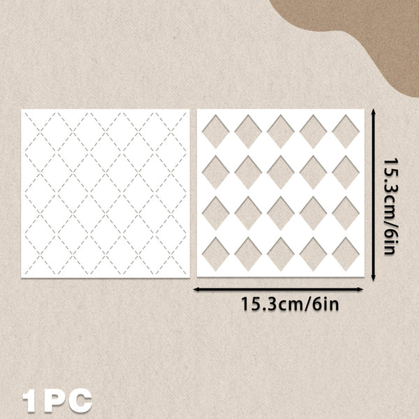 A product diagram showing a white square stencil or template with two diamond cutout patterns, labeled 15.3cm/6in on a beige textured background.