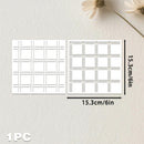 Two square white patterned sheets with grid and stripe designs, shown on a light textured background with dimension labels reading 15.3cm/6in and a small '1PC' text in the corner.