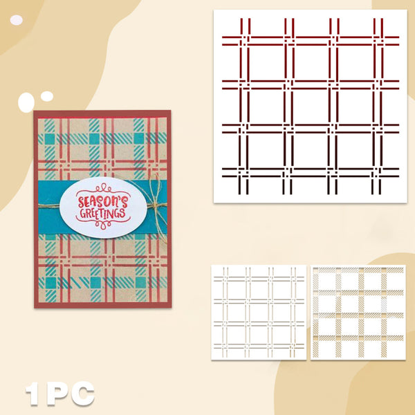 A holiday greeting card template set featuring a finished sample card with a plaid pattern and a white sheet showing the corresponding plaid stencil design, on a beige background with abstract shapes.