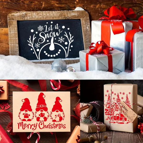 A collage of Christmas-themed gift-wrapping and decor scenes: a framed chalkboard sign reading “Let it Snow,” wrapped presents with red ribbons, a beige card with red gnomes and “Merry Christmas,” and gift boxes tied with string on a rustic wooden surface with snow and ornaments.