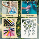A collage showing four panels: painting with a paint palette and brush, spraying paint on a teal wall, markers and colored pencils, and a white sheet with green ivy vine illustrations. The panels are arranged on a stone-textured background with green foliage around the edges, and labels read Painting, Spraying, marker, and pencil.