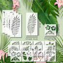 A set of tropical leaf and flower stencil templates shown on a light green background with palm leaves and flowers. The image includes dimension labels for two stencils: one 11 inch by 5.