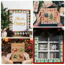 A four-panel collage showing Christmas-themed decorative frames and gift wrap designs in use. One panel shows a framed 'Merry Christmas' sign with a snowman border; another shows hands holding a wrapped gift with festive patterned paper; a third shows a 'Merry Christmas' card with reindeer artwork; and a fourth shows a window-style frame with snowflake and tree motifs around glass panels.