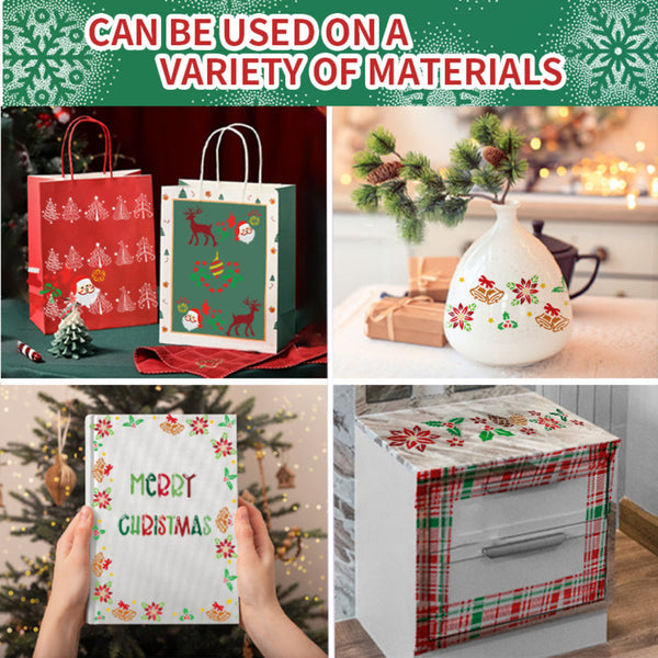 A 2x2 collage showing Christmas-themed printed wrapping paper or gift wrap designs being used on different items: shopping bags, a white vase, a card held by hands in front of a Christmas tree, and a storage box. A green banner at the top reads 'CAN BE USED ON A VARIETY OF MATERIALS'.
