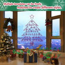 A festive Christmas-themed room scene with a large window showing a city skyline at dusk. On the window, a red outline graphic forms a Christmas tree with snowflakes, Santa Claus, reindeer, and a star.