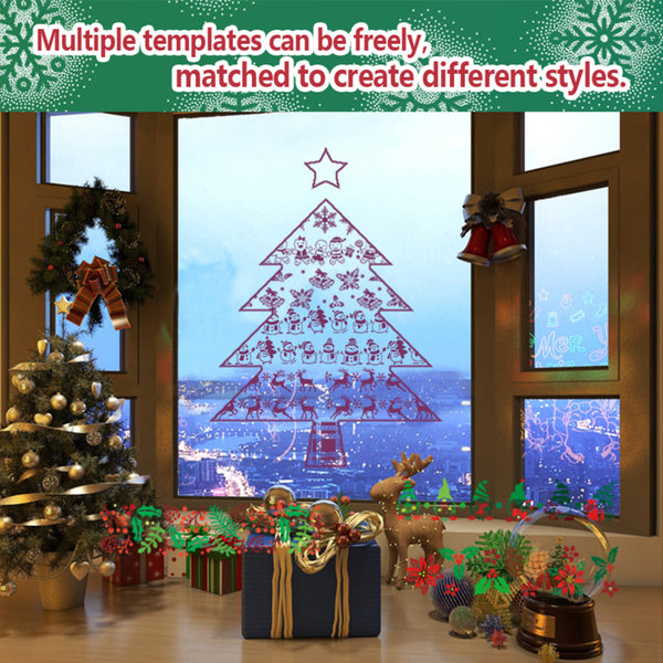 A festive Christmas-themed room scene with a large window showing a city skyline at dusk. On the window, a red outline graphic forms a Christmas tree with snowflakes, Santa Claus, reindeer, and a star.