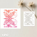 A floral stencil sheet shown on a light textured background, alongside a matching stencil template. The stencil features a symmetrical butterfly design filled with intricate floral cutouts.