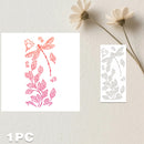 A decorative dragonfly and leaf stencil set shown on a light neutral background with dried flowers. The left side shows a printed sample with a red dragonfly and pink leaf design, and the right side shows the corresponding gray stencil sheet.