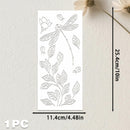 A white rectangular sheet with printed dragonfly, leaf, and flower line drawings, shown with dimension arrows labeled 11.4 cm by 25.