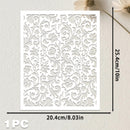 A white laser-cut decorative panel with an intricate floral and scroll pattern, shown with dimension arrows indicating 20.4 cm by 25.