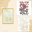 Three views of a honeycomb stencil sheet with bee motifs, shown on a beige background. One view shows the framed golden stencil on a white backing, one shows the dark red backing with the stencil cutouts, and the third shows the white stencil sheet itself.