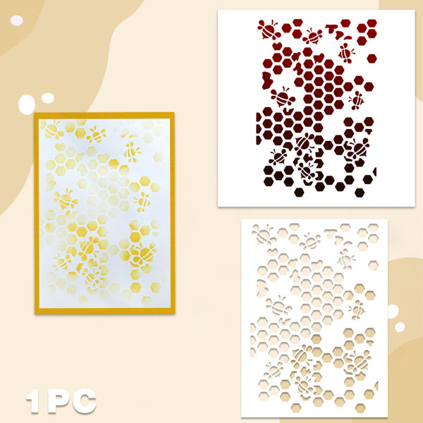 Three views of a honeycomb stencil sheet with bee motifs, shown on a beige background. One view shows the framed golden stencil on a white backing, one shows the dark red backing with the stencil cutouts, and the third shows the white stencil sheet itself.