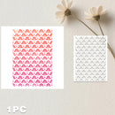 Two rectangular white sheets with repeating floral cutout or printed patterns, displayed on a light textured wall with dried flowers above. One sheet shows a red-to-pink gradient pattern, and the other shows a darker gray floral pattern.