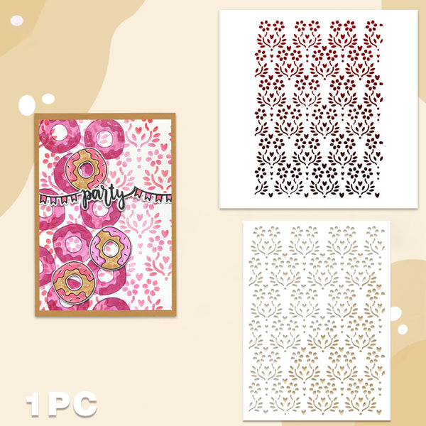 A party-themed stencil set featuring a decorative donut pattern card and two stencil sheets with floral cutout designs in red, black, and gold, displayed on a beige background.
