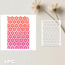 A decorative card or print with a repeating floral dot pattern, shown alongside its white backing or negative-space view. The left card features a gradient from orange-red at the top to bright pink at the bottom.
