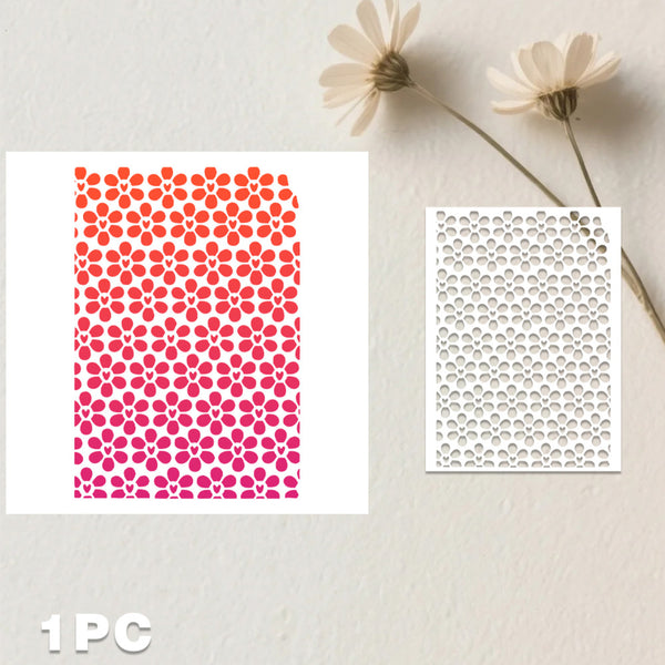 A decorative card or print with a repeating floral dot pattern, shown alongside its white backing or negative-space view. The left card features a gradient from orange-red at the top to bright pink at the bottom.