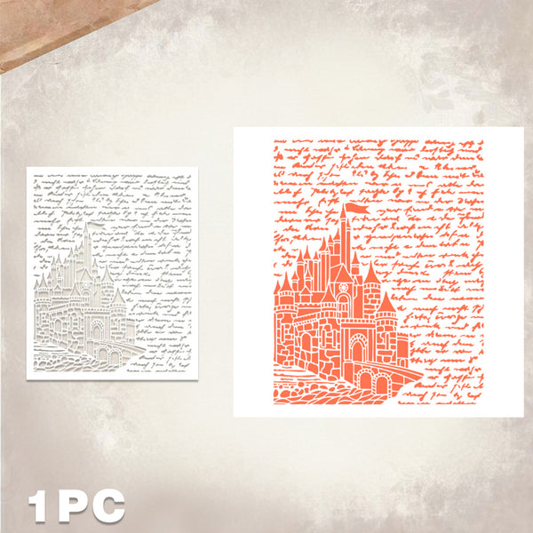 A single-piece laser-cut paper stencil or art print featuring a castle design with cursive script, shown in both white and orange color options on a textured beige background.