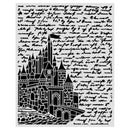 A black stencil sheet featuring a detailed black-and-white castle illustration over a background of cursive handwriting, shown flat against a white backdrop.
