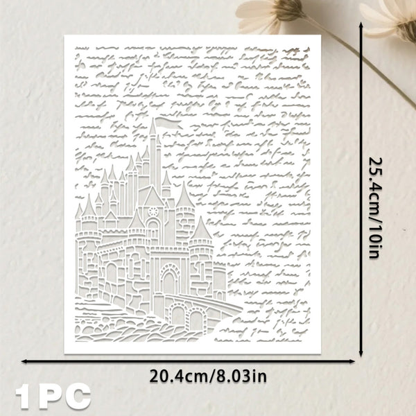 A white laser-cut decorative plaque featuring a detailed castle design over cursive script, shown with dimension markers indicating 20.4cm by 25.