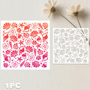A decorative stencil sheet with seashell and starfish cutout patterns shown in two views: one with red stencil material and one with the white cutout template. The image is styled on a light textured background with two dried white flowers at the top and the text '1 PC' at the bottom left.
