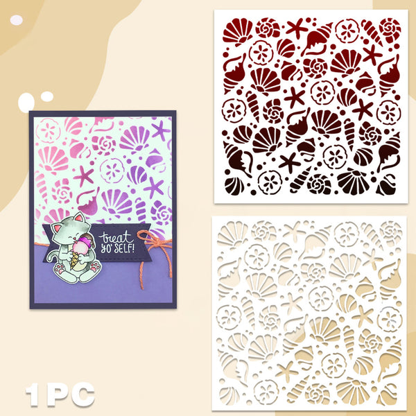 A set of three seashell and starfish laser-cut stencils shown on a beige background, alongside a sample handmade card featuring a pastel purple and pink pattern with a cute cat holding an ice cream cone and the text 'treat yo self!'.