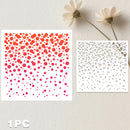 A stencil sheet with a gradient of red, orange, and pink dots on a white background, shown next to the cutout pattern on a light wall with dried flowers.