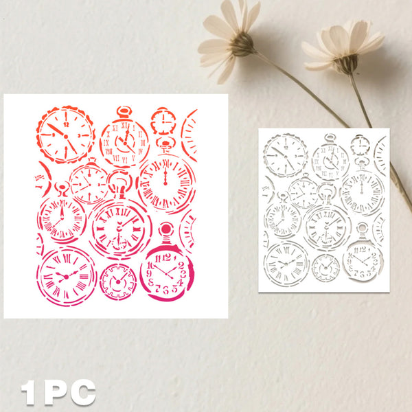 A set of two white rectangular sheets featuring various pocket watch illustrations, one in red and one in black, displayed on a textured light beige wall next to dried white flowers. The text '1 PC' is visible in the bottom-left corner.