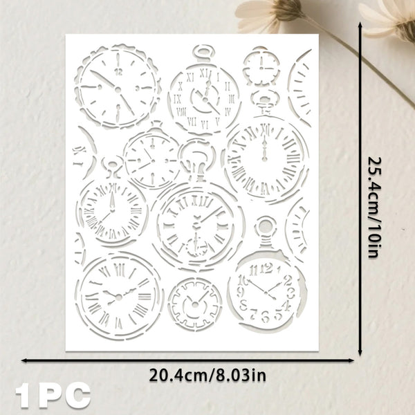 A white rectangular sheet featuring multiple cutout or printed designs of vintage pocket watch faces with Roman numerals, shown on a light textured background with dimension arrows indicating 20.4 cm by 25.