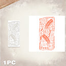 A single stamp or stencil shown on a textured beige background, with a smaller gray outline view on the left and a larger orange stamped design on the right. The design features a feather and the word 'FERN' over a vintage book page background.
