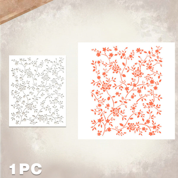 A floral stencil sheet shown in two views on a textured beige background: one white stencil with a silver-toned outline on the left, and one white stencil with a coral-orange floral pattern on the right. The text '1 PC' appears in the bottom-left corner.