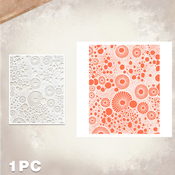 Two square art prints with circular radial patterns, one in white and one in white with coral orange print, displayed on a textured beige background with a '1 PC' text overlay in the bottom left.