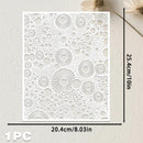 A white rectangular laser-cut decorative panel with an intricate circular and radial cutout pattern, shown on a light textured background with dimension markers indicating 20.4 cm by 25.