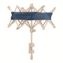 A wooden spindler or spinning wheel frame with a blue thread or yarn wrap around the horizontal arm, shown against a plain white background.
