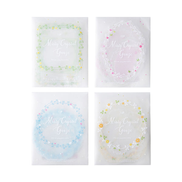 Four translucent cosmetic pouches arranged in a 2x2 grid on a white background, each labeled 'Misty Crystal Gauze' with delicate floral wreath illustrations in pastel colors.