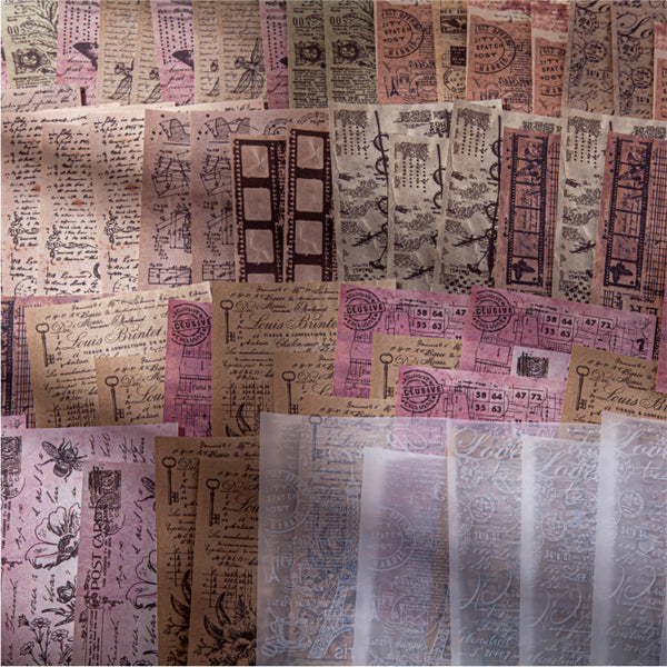 Collage of vintage-style paper with text, stamps, and decorative elements.