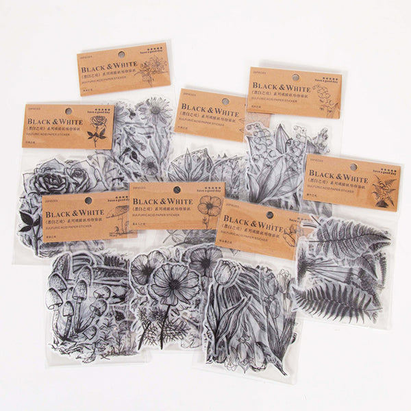 A set of multiple clear plastic craft sticker sheets featuring black and white botanical illustrations, each with its own kraft paper label card. The designs include flowers, leaves, ferns, and roses.