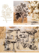 A collage showing black-and-white botanical illustrations, including roses, mushrooms, and leafy stems, arranged on a warm beige textured surface with dried flowers and a small figurine in the background.